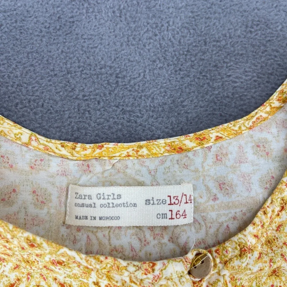 Zara A Line Dress Girls 13/14 Yellow Floral Boho Lace Trim Casual Long Sleeve